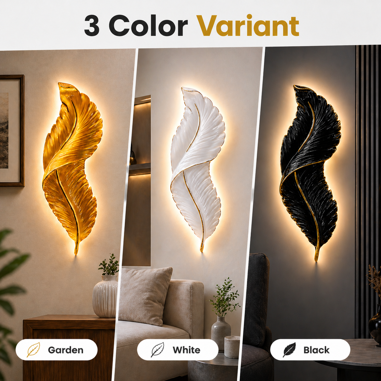Three feather-shaped wall lights in gold, white, and black with '3 Color Variant' text above.