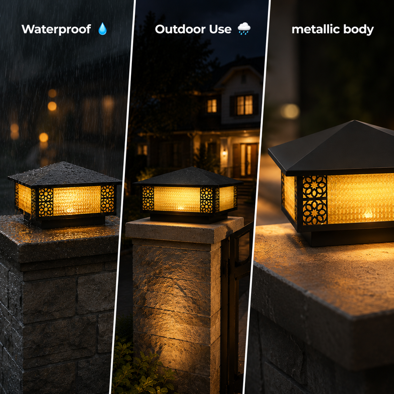 Outdoor light fixture on a stone pillar with waterproof, outdoor use, and metallic body features highlighted.