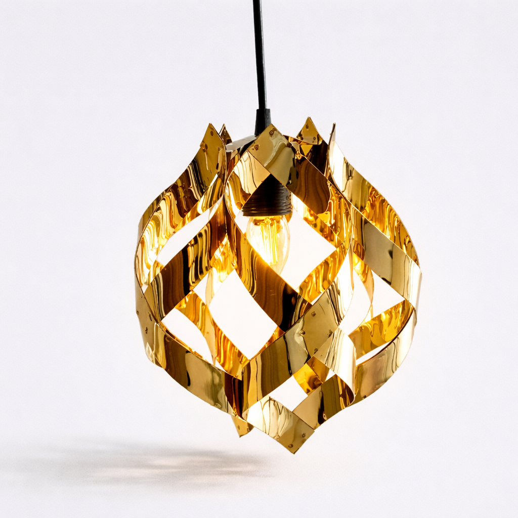 Gold geometric pendant light on a white background