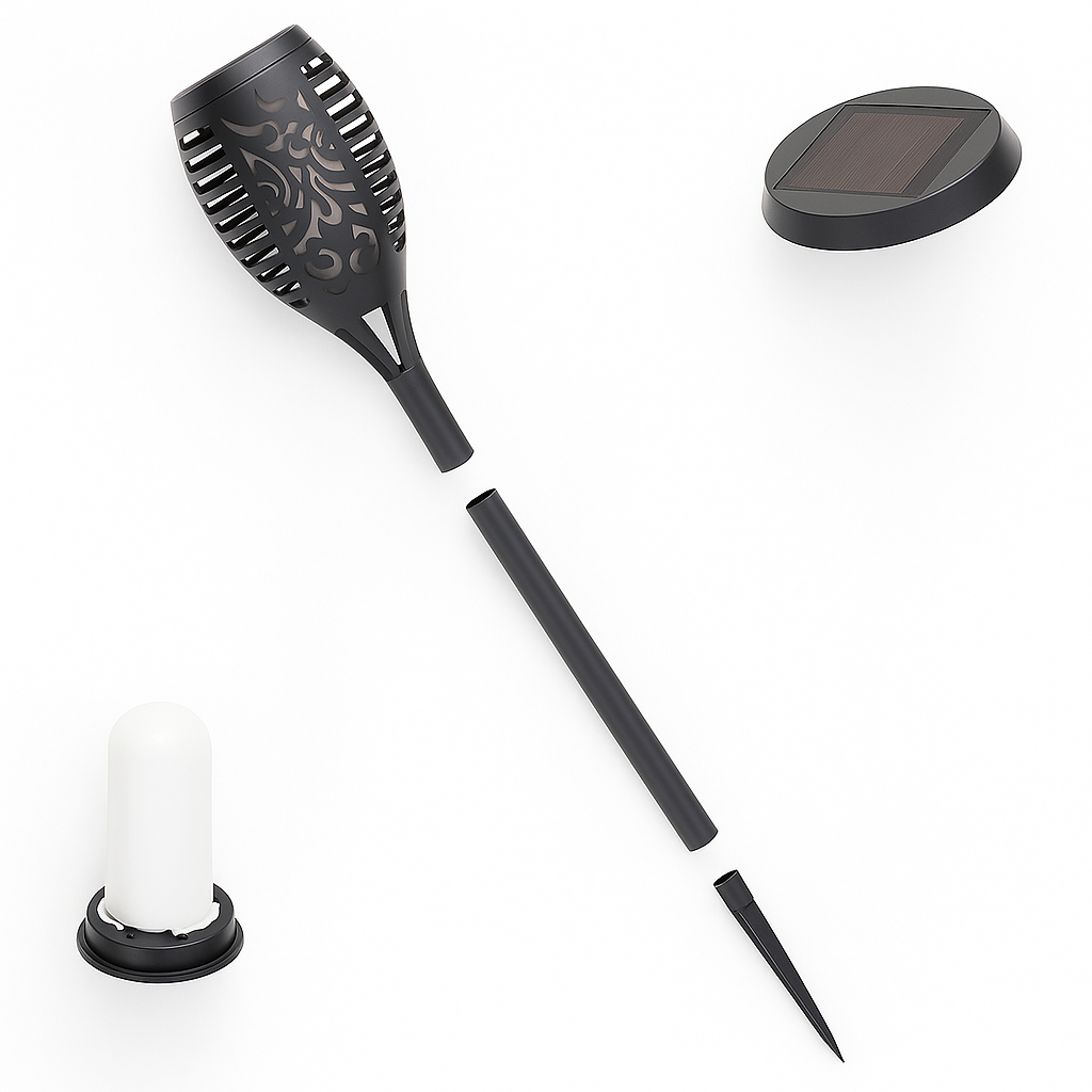 Black garden tool set with solar light on a white background