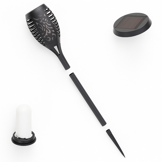 Black garden tool set with solar light on a white background