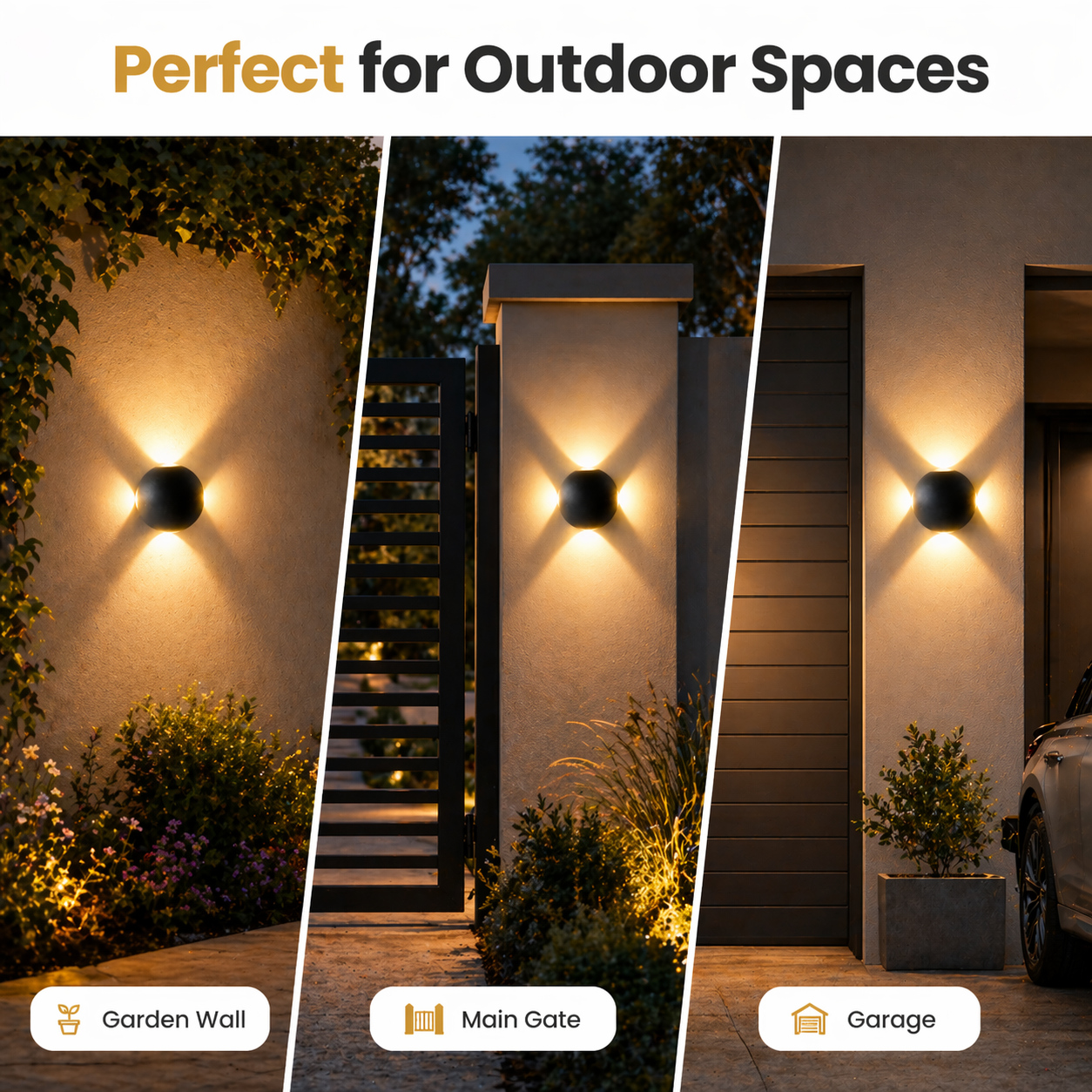 Outdoor wall lights shown in garden, main gate, and garage settings with text 'Perfect for Outdoor Spaces'.