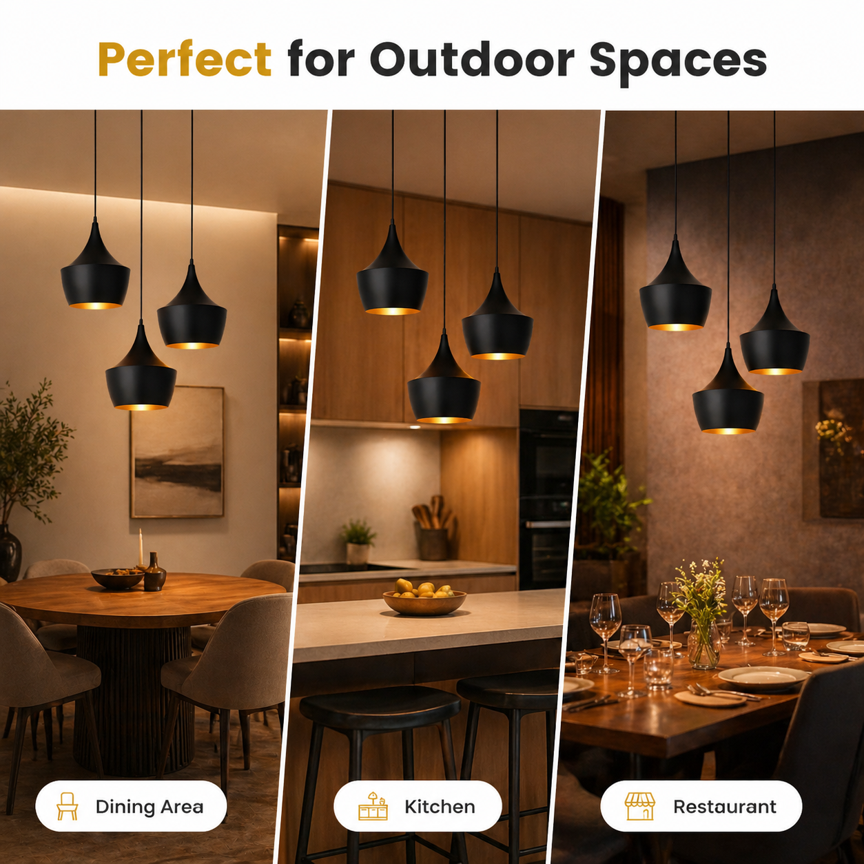 Black pendant lights in various settings: dining area, kitchen, and restaurant.