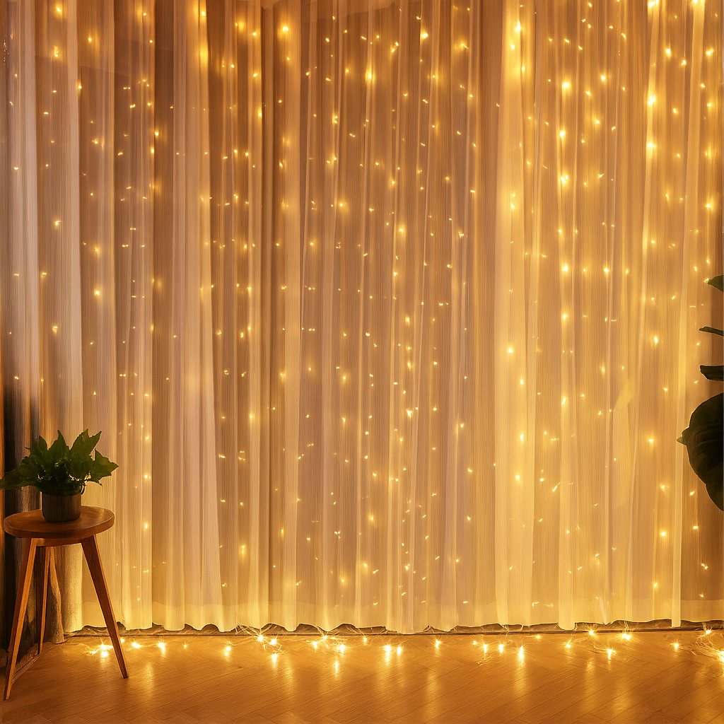 Decorative string lights on a curtain with a wooden stool and plants in the foreground.