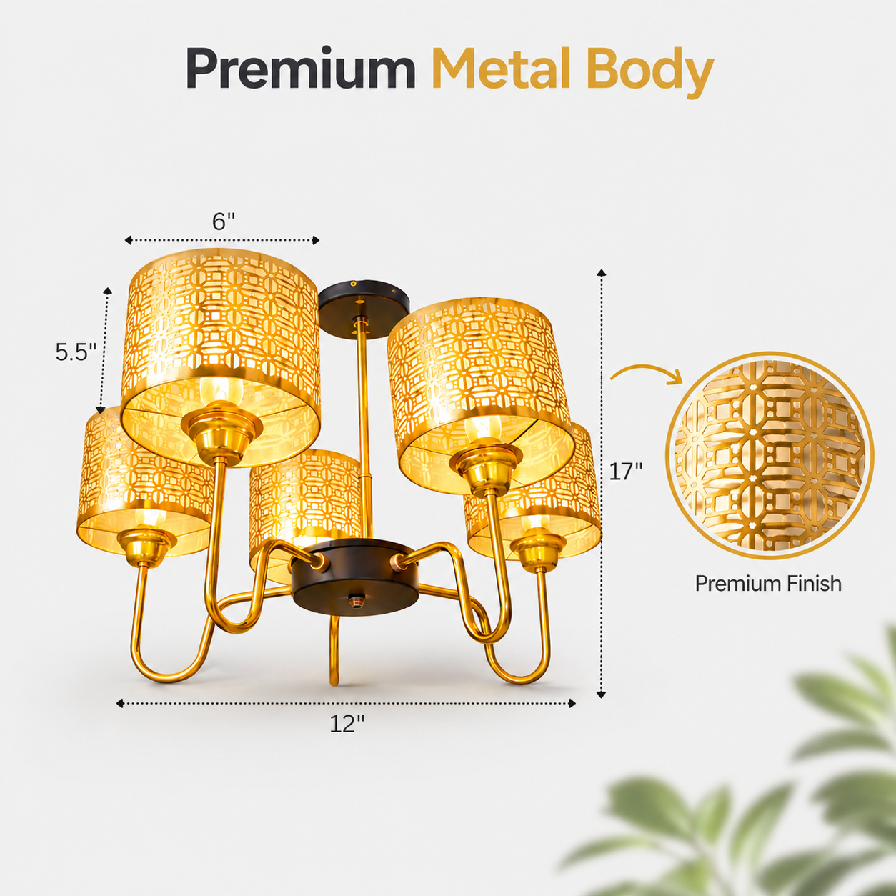 Chandelier with gold finish and measurements on a light gray background