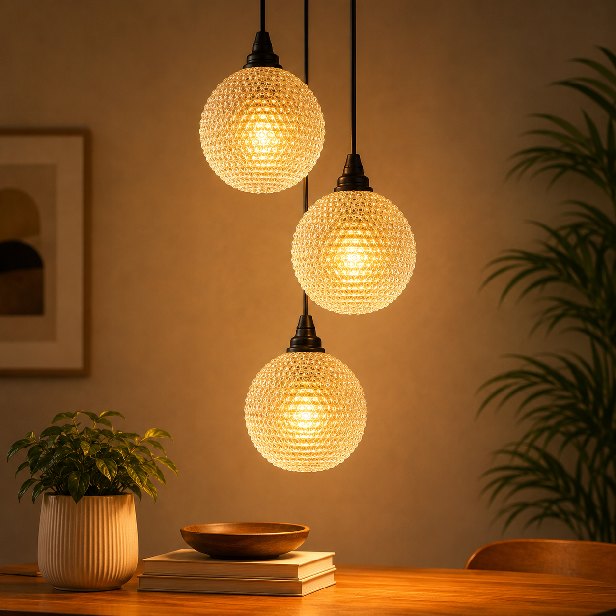 Three decorative pendant lights hanging above a table with a plant and books in a warm indoor setting.
