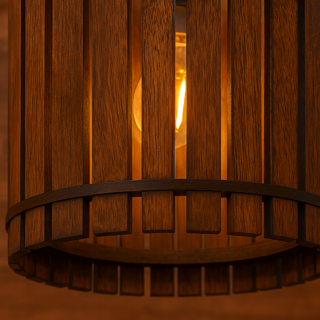 Wooden taper hanging lamp with durable plastic holder detail.