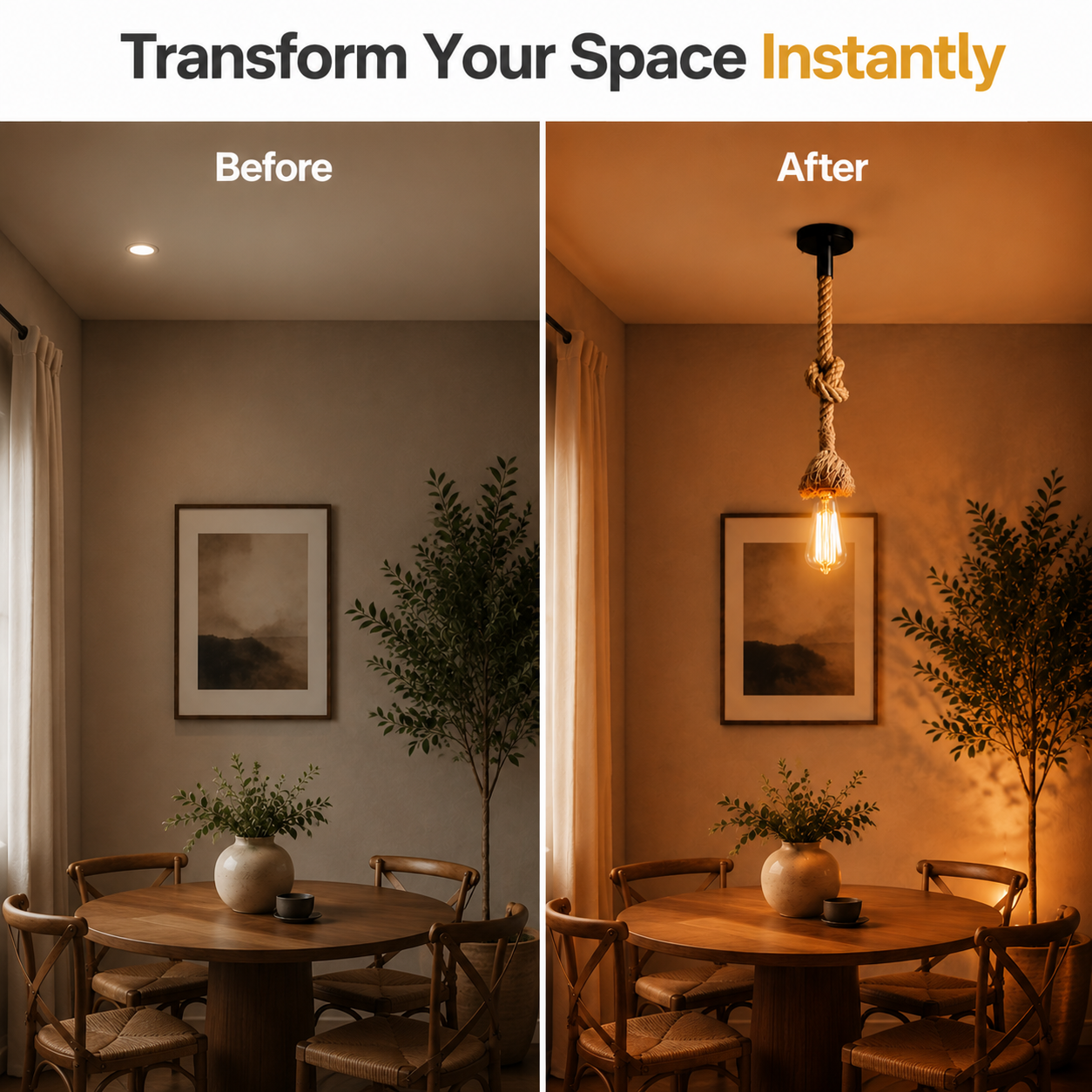 "E27 holder pendant light with durable jute rope, perfect for dining rooms."