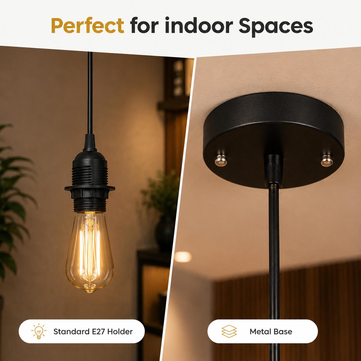 Modern E27 Pendant Light Holder with Metal Base & Adjustable Cord