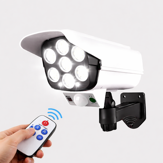 Security camera with LED lights and remote control on a white background