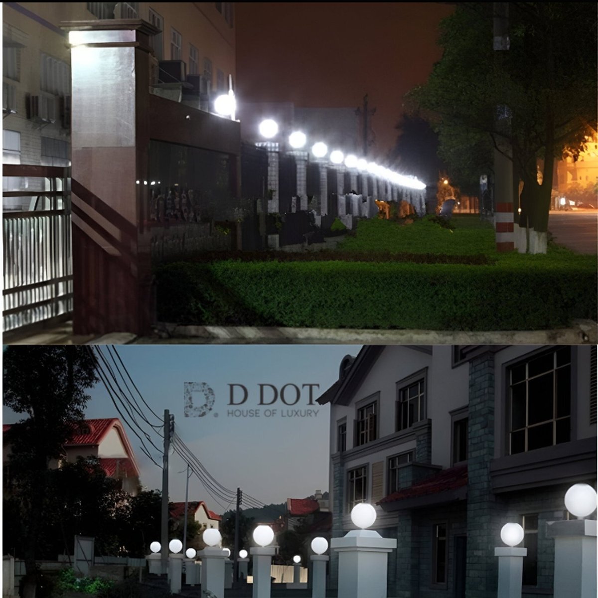 Collage of street scenes with illuminated lights and a building with 'D Dot' branding.