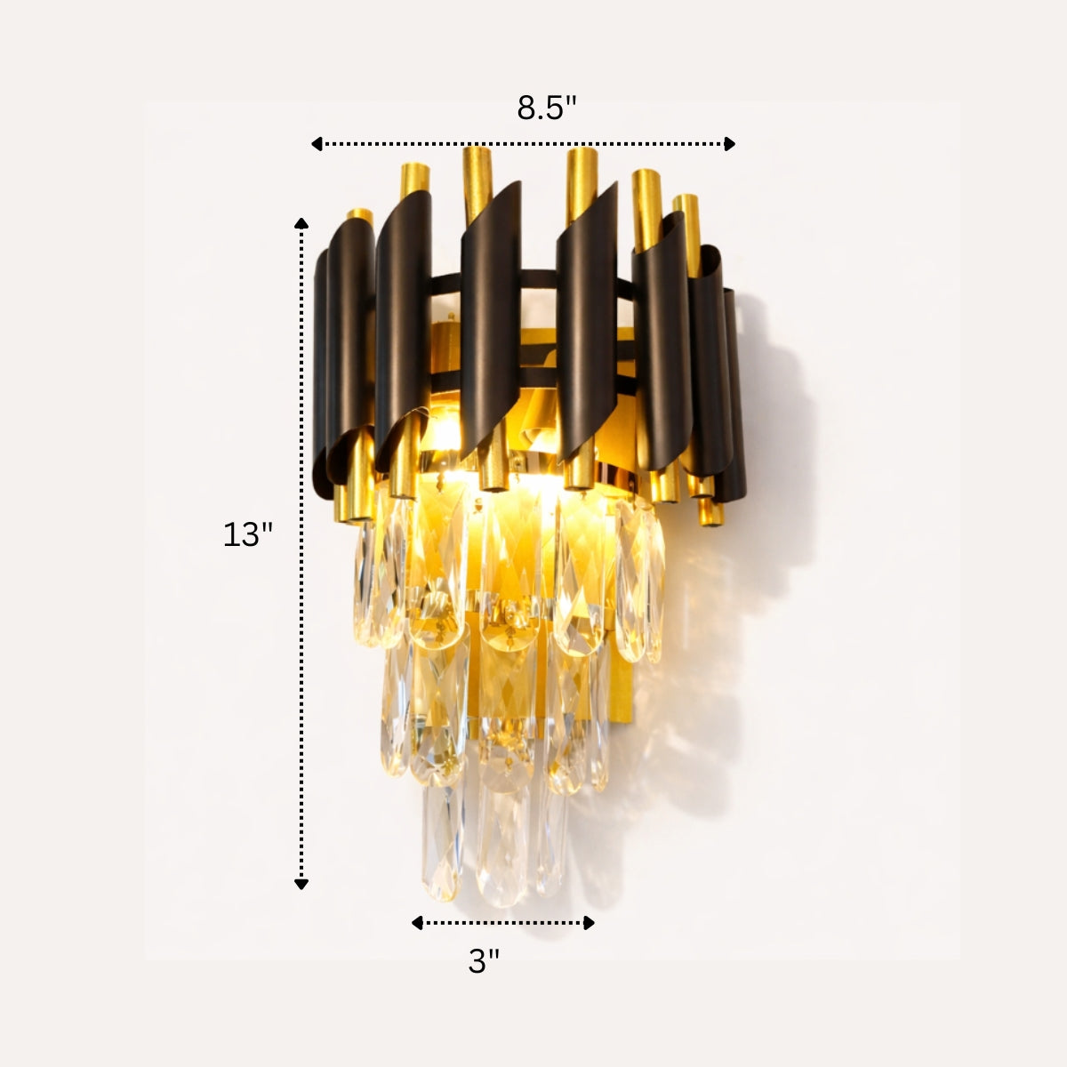 Wall-mounted light fixture with dimensions indicated on a white background