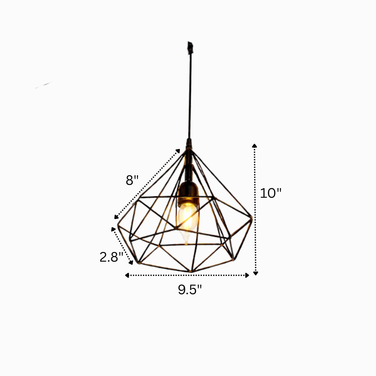 Geometric pendant light with dimensions on a white background