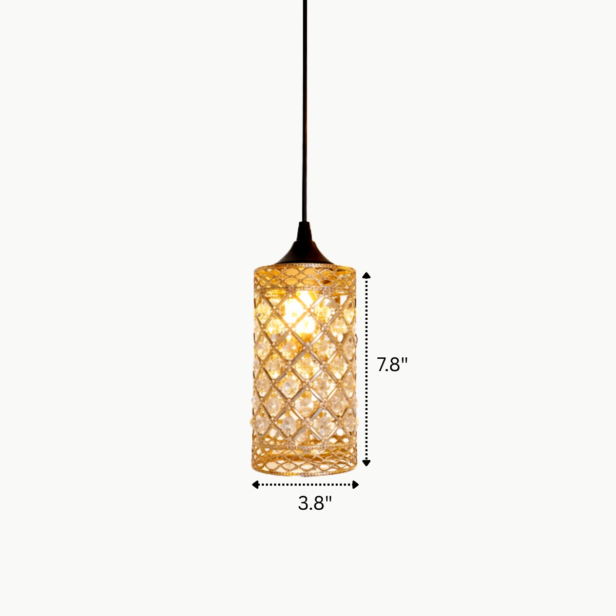 Gold pendant light with dimensions on a white background
