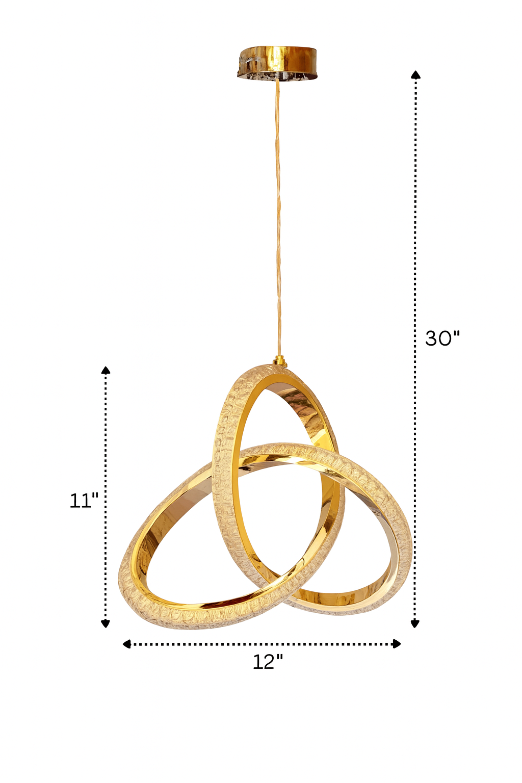 A high-resolution product image of a luxurious gold chandelier featuring three interlocking textured rings suspended from a polished gold ceiling mount by a twisted cord. The chandelier is shown against a clean white background with natural shadows and includes labeled dimensions of 12 inches wide, 11 inches tall, and a total hanging length of 30 inches.