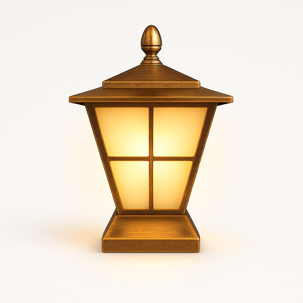 Decorative outdoor lamp with a warm glow on a white background
