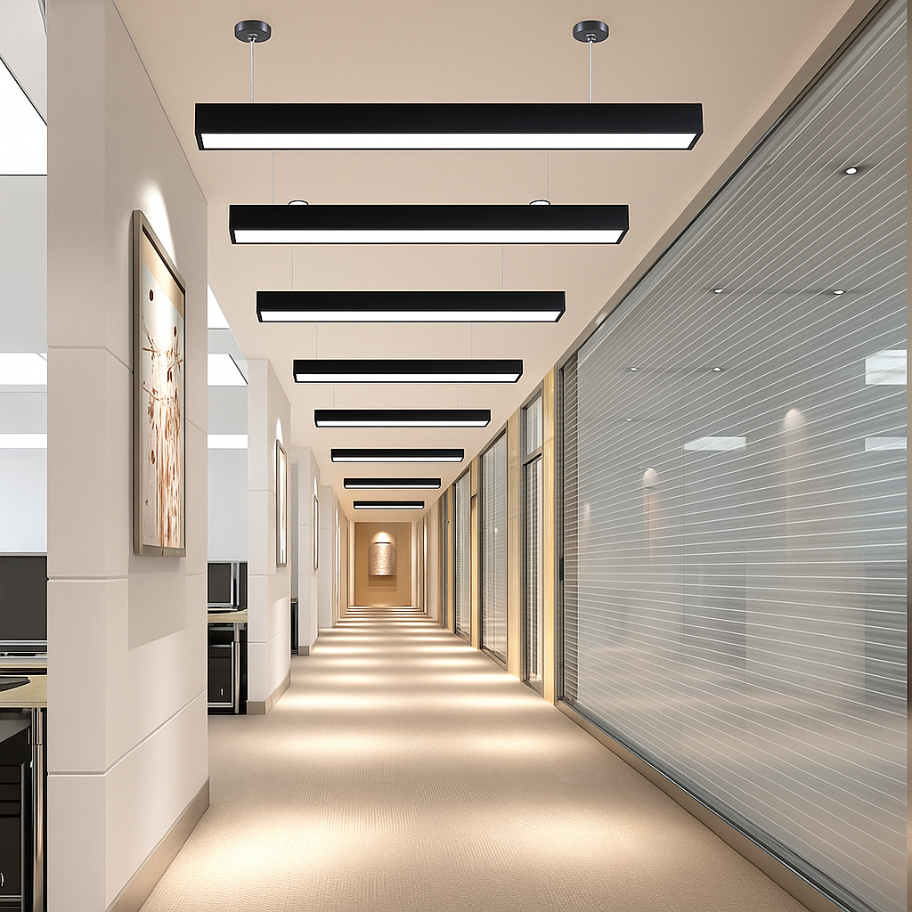 Modern office hallway with linear ceiling lights.