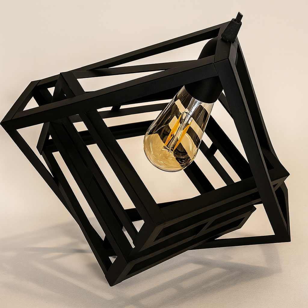 "High-quality image of a modern black geometric pendant light with an exposed Edison bulb, enhanced with natural shadows and professional lighting on a clean white background for an Amazon-style product display."