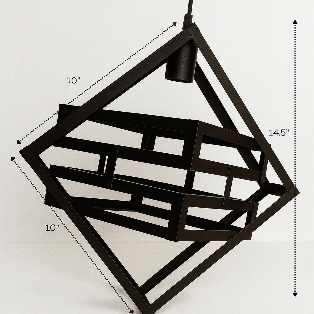 "High-quality image of a modern black geometric pendant light with visible size dimensions (10 inches width and 14.5 inches height), enhanced with natural shadows and professional lighting for an Amazon-style product display."