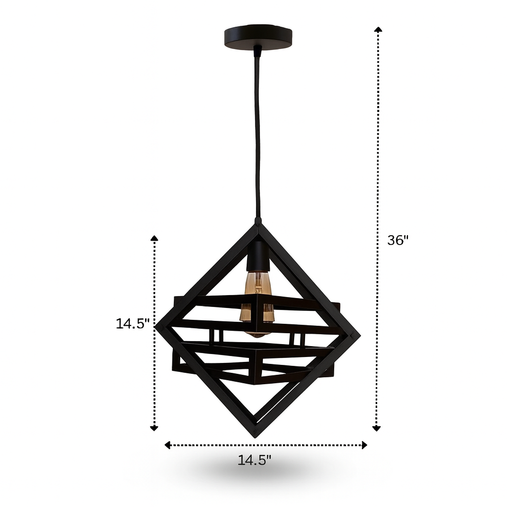 "High-quality image of a modern black geometric pendant light with visible size dimensions — 14.5 inches wide and 36 inches in height — enhanced with natural shadows and professional lighting on a white background for an Amazon-style product display."