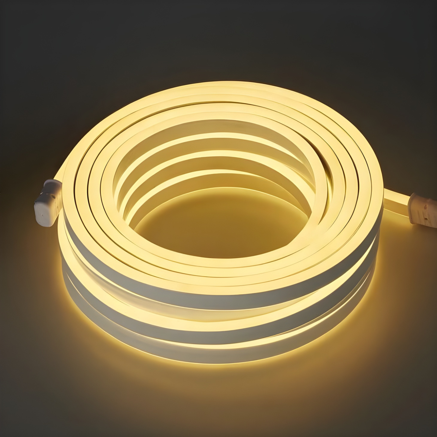 Coiled LED strip light on a dark background
