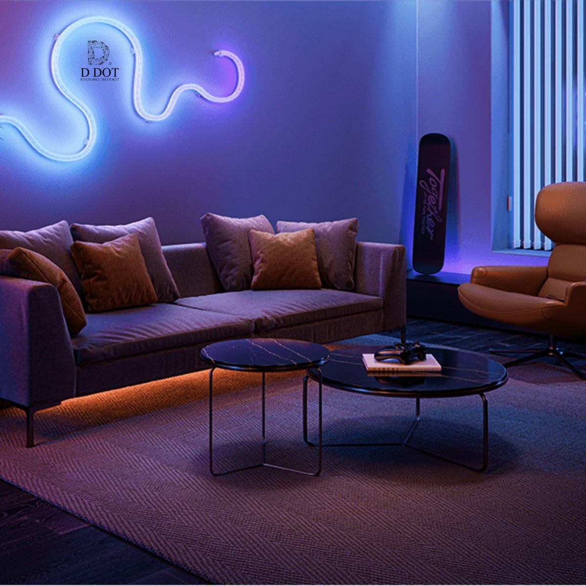Modern living room with a purple couch, coffee table, and neon sign on a blue wall.