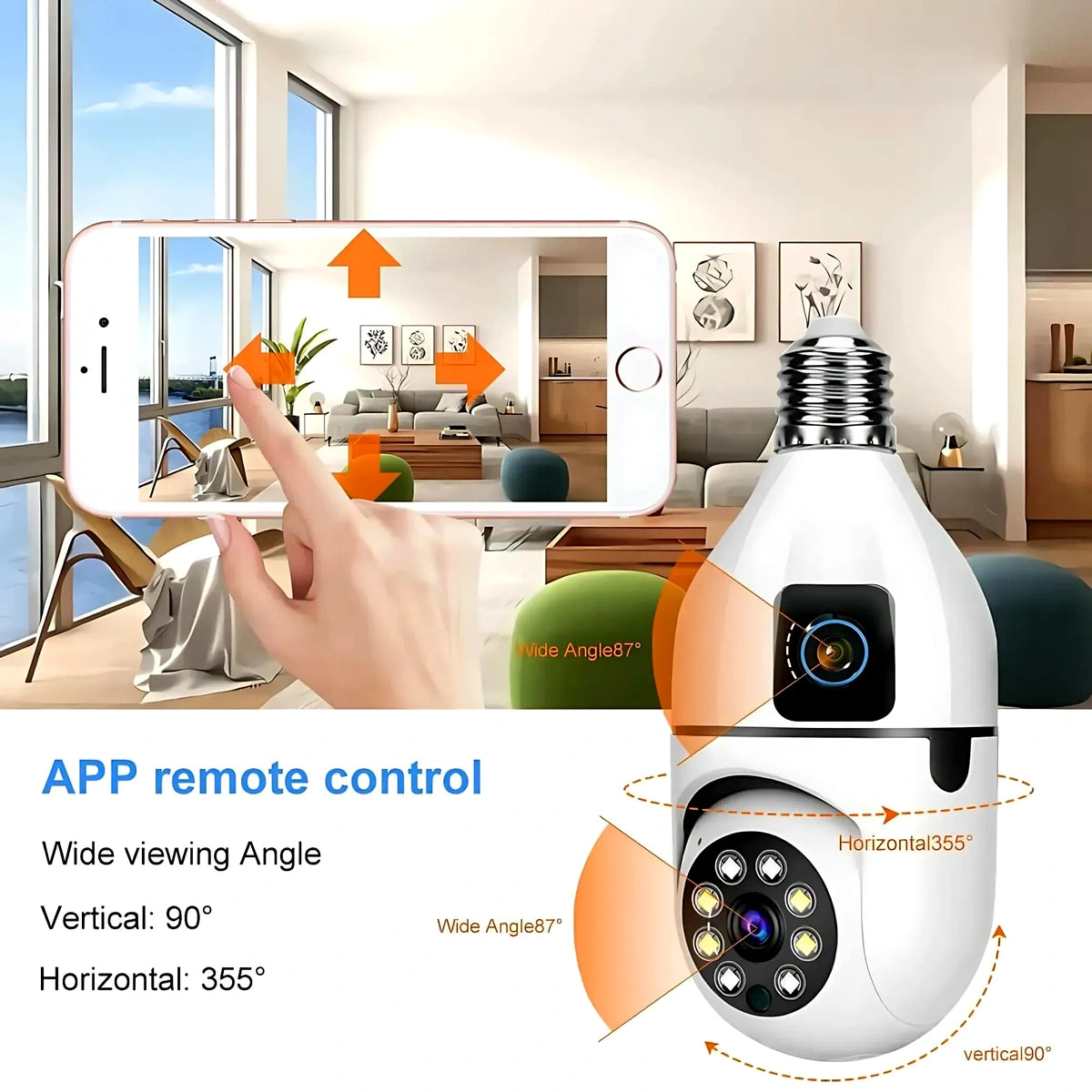 360-degree motion detection bulb camera showing mobile phone connect