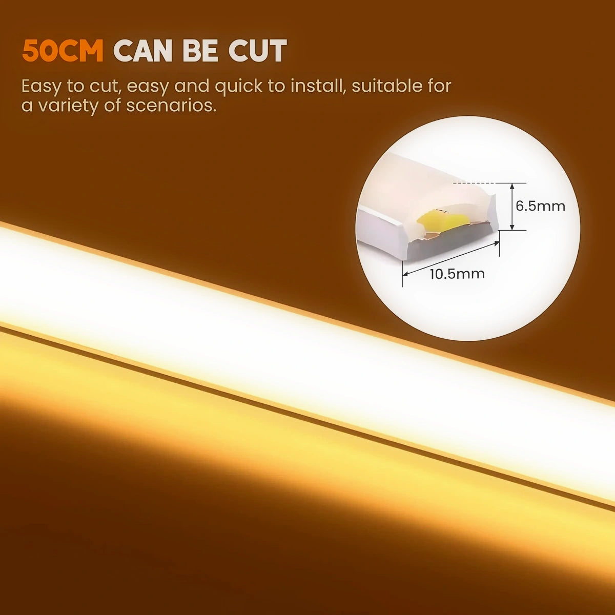 LED strip light with cuttable feature on a brown background