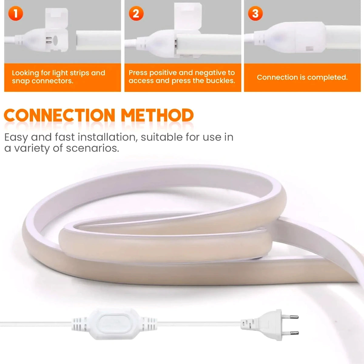 Step-by-step guide on connecting LED strip lights with text and visual instructions.