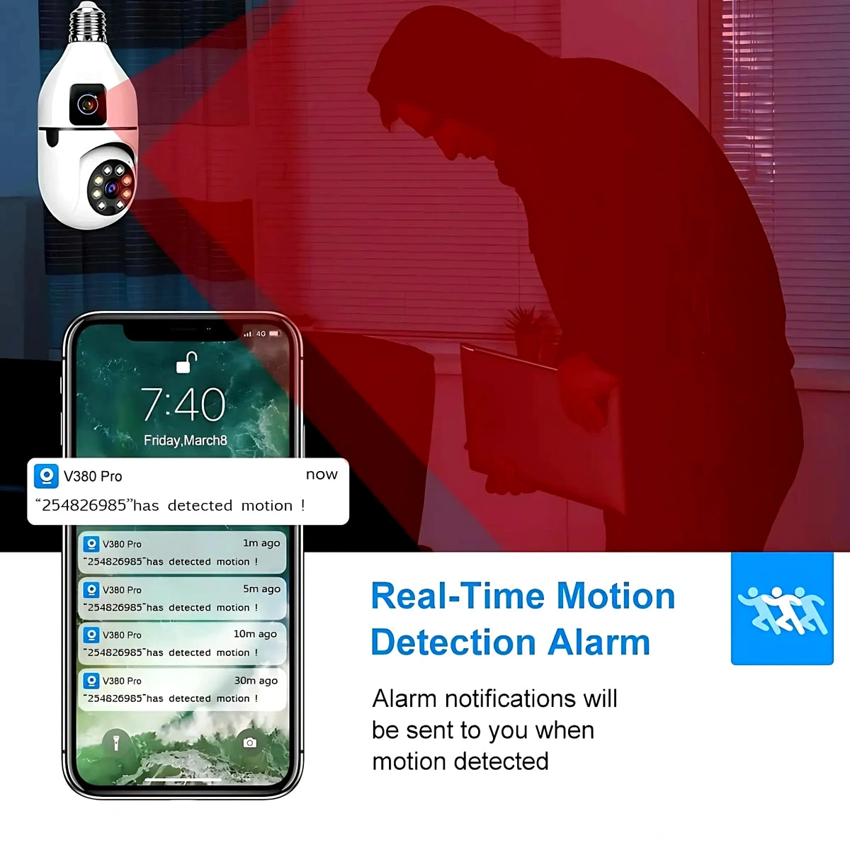 Smart home security system with motion detection alarm on smartphone screen, showing real-time notifications.