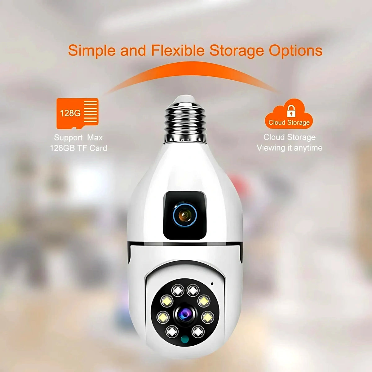 Smart light bulb camera with storage and cloud storage options on a blurred background
