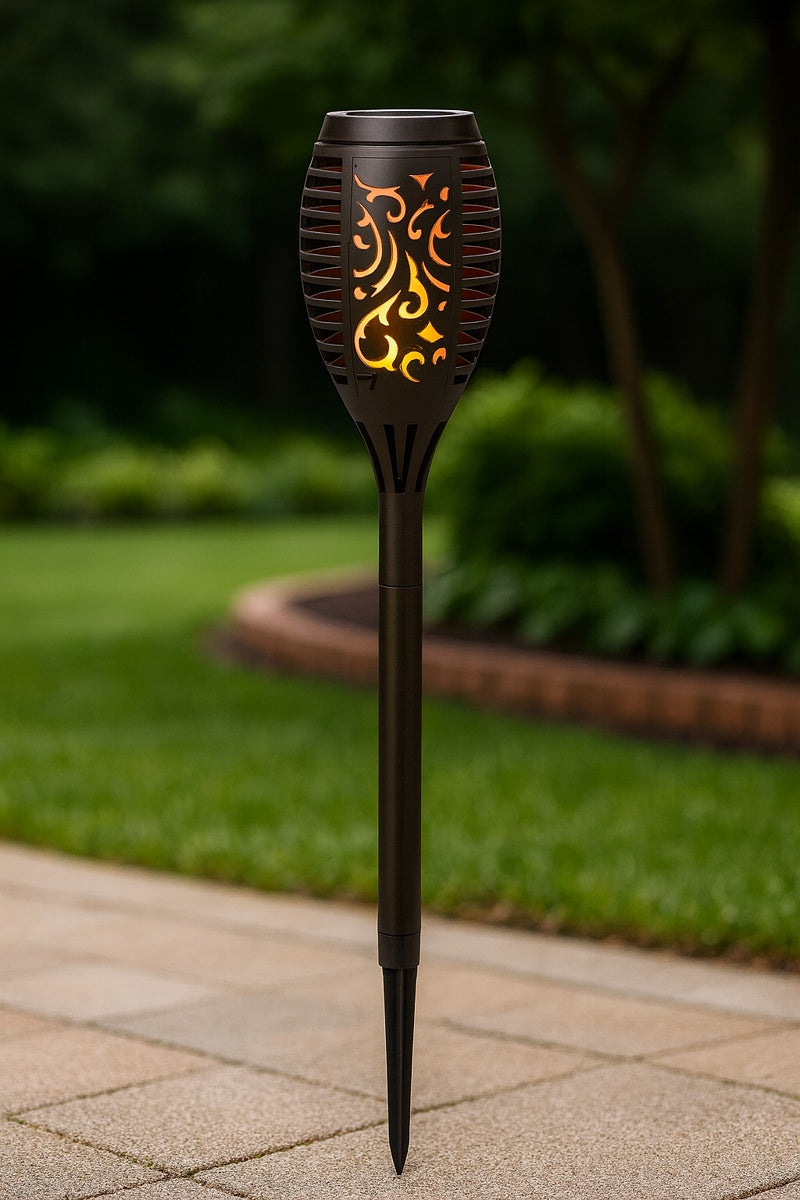 Realistic flickering flame solar torch light featuring motion LED fire effect for outdoor pathways and patios”