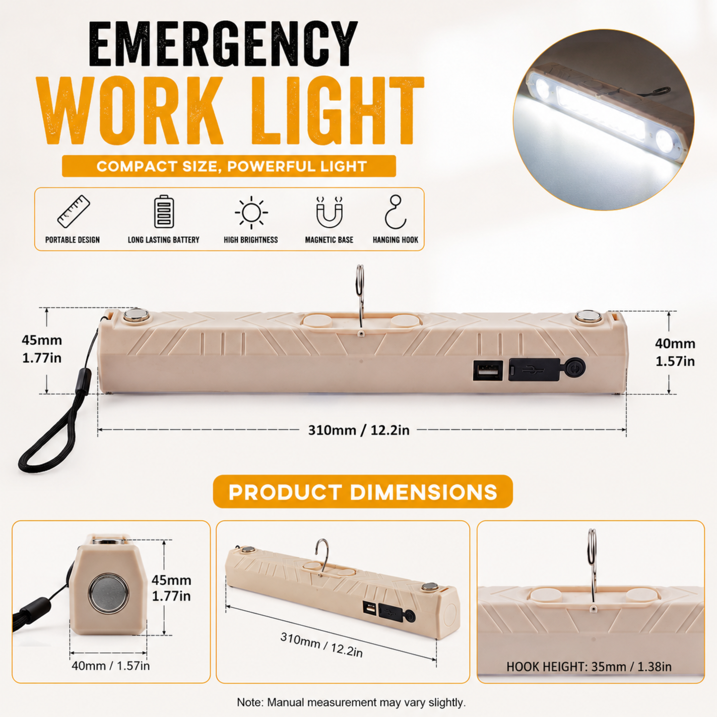 Rechargeable Solar LED Work Light with Magnetic Base & Hook