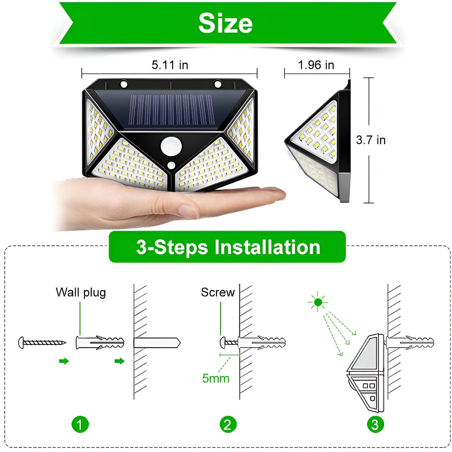 "Solar Outdoor Wall Lamp with Motion Sensor - 100 LED Garden Wall Light, 3 Modes"