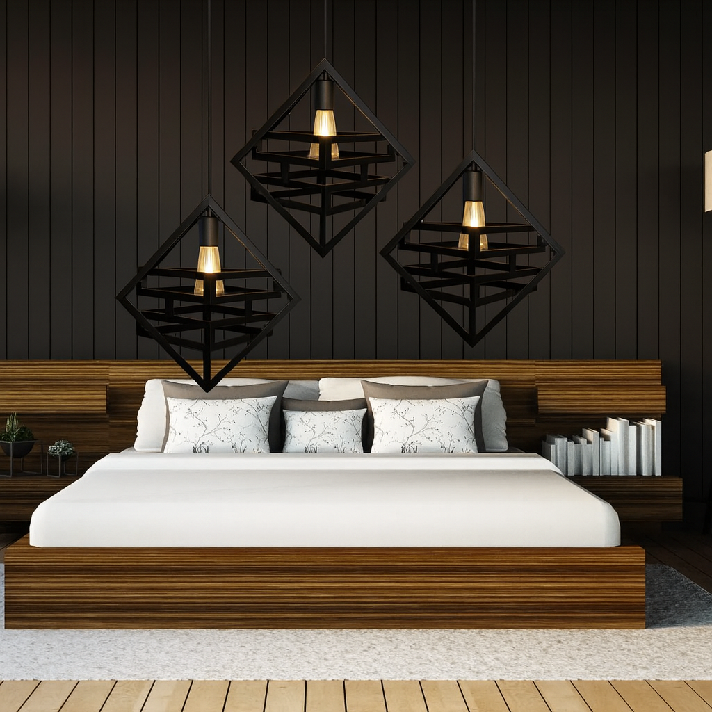 "High-quality image of a modern bedroom featuring three black geometric pendant lights hanging above a wooden bed with white bedding, enhanced with natural shadows and professional studio lighting for an elegant interior design look."